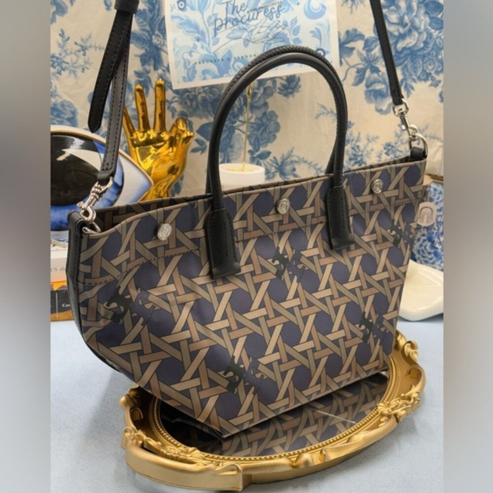 🆕 TORY BURCH 🧿 NWOT Small Basketweave Tote Bag, Cotton Canvas & Leather - AUTH - Picture 4 of 16